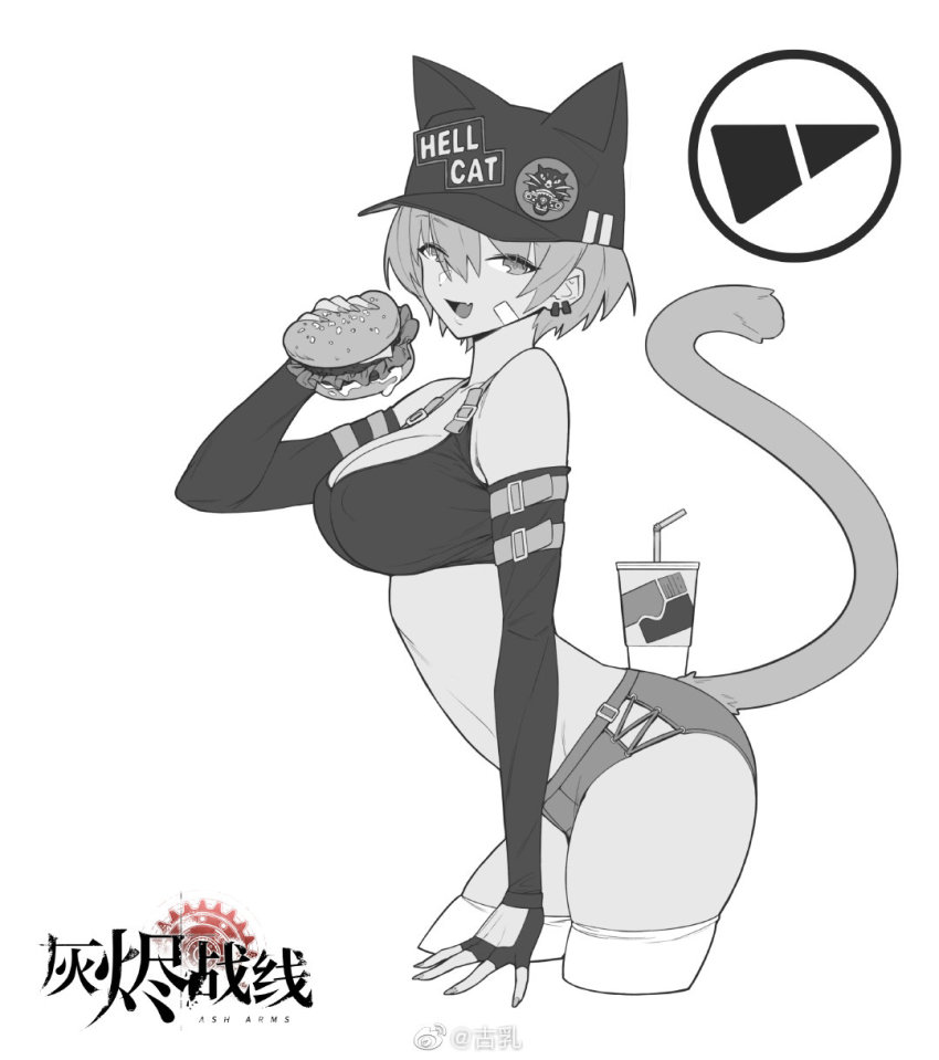 1girl, :d, arched_back, ash_arms, baseball_cap, breasts, burger, cat_tail, cleavage, contrapposto, cowboy_shot, crop_top, cropped_legs, earrings, elbow_gloves, fingerless_gloves, food, from_side, gloves, greyscale, hair_between_eyes, hat, highres, jewelry, large_breasts, leaning_forward, m18_hellcat_(ash_arms), monochrome, multiple_earrings, open_mouth, short_hair, short_shorts, shorts, simple_background, smile, solo, tail, tank_top, thighhighs, watermark, weibo_watermark, white_background, yan_wan