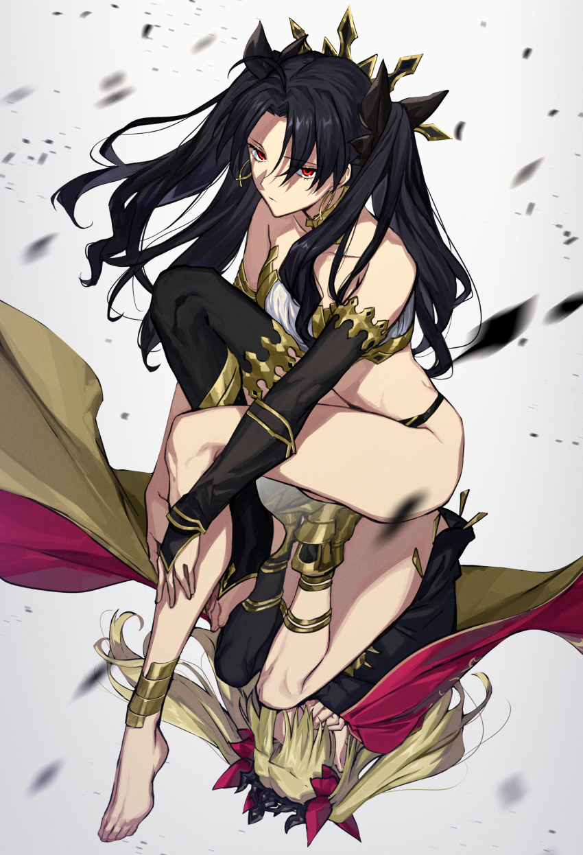2girls, absurdres, anklet, armlet, asymmetrical_legwear, asymmetrical_sleeves, bare_shoulders, barefoot, black_cape, black_hair, black_legwear, blonde_hair, breasts, bridal_gauntlets, cape, crown, detached_collar, earrings, elbow_gloves, ereshkigal_(fate), expressionless, fate/grand_order, fate_(series), feet, full_body, gloves, hair_ribbon, highres, hoop_earrings, ishtar_(fate), jewelry, long_hair, long_legs, looking_at_viewer, medium_breasts, multicolored_cape, multiple_girls, namakawa, neck_ring, parted_bangs, red_cape, red_eyes, ribbon, siblings, single_elbow_glove, single_sleeve, single_thighhigh, sisters, thighhighs, tiara, toeless_legwear, two_side_up, uneven_legwear, uneven_sleeves, very_long_hair, yellow_cape