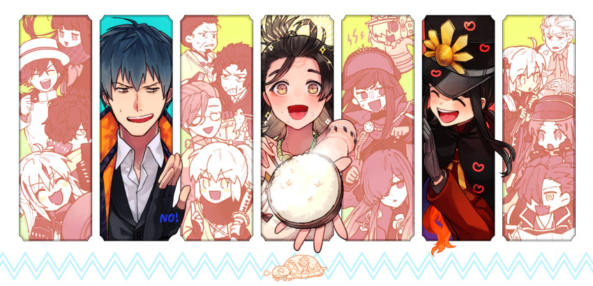 ahoge, black_hair, bowl, brown_hair, chacha_(fate), chopsticks, coat, fang