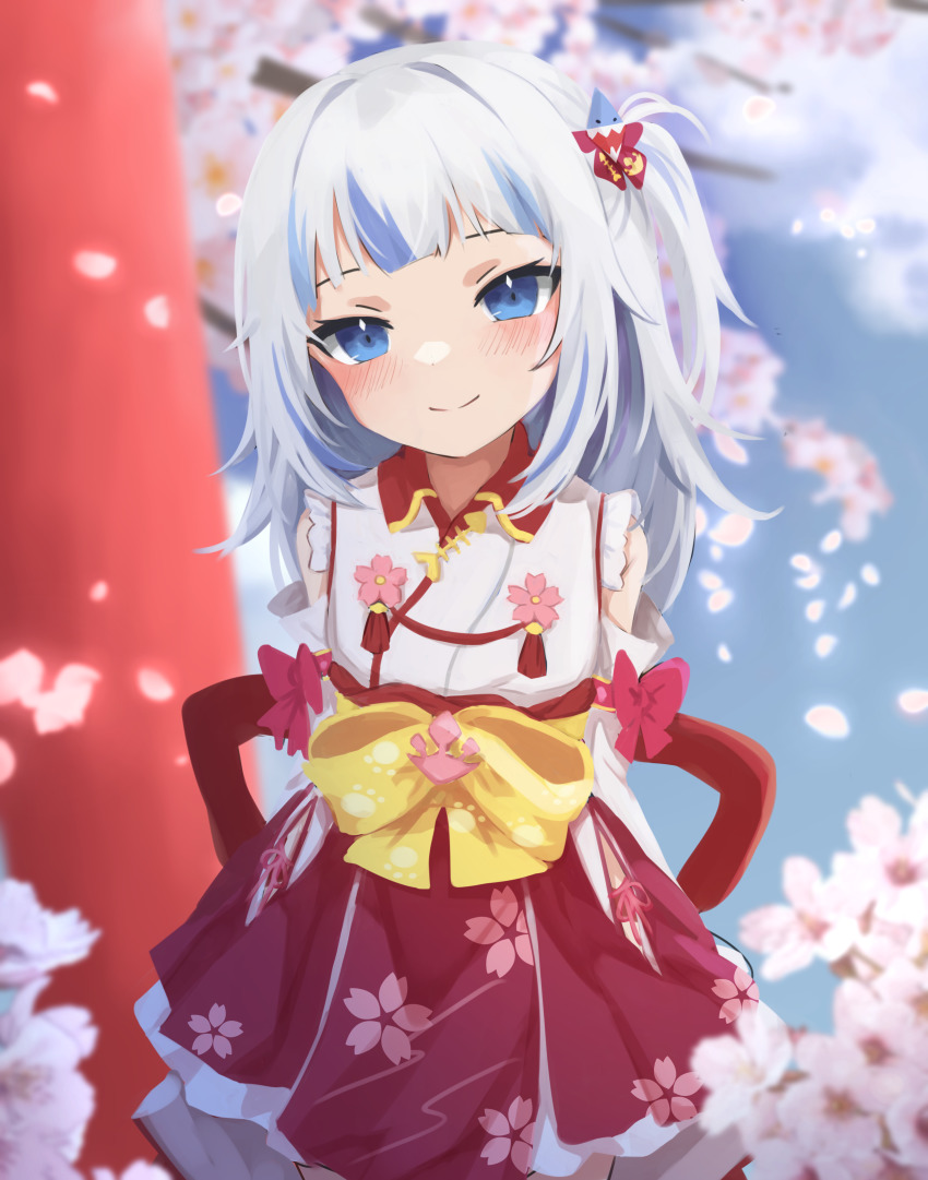 1girl, absurdres, alternate_costume, arms_behind_back, blue_eyes, blue_hair, blunt_bangs, blurry