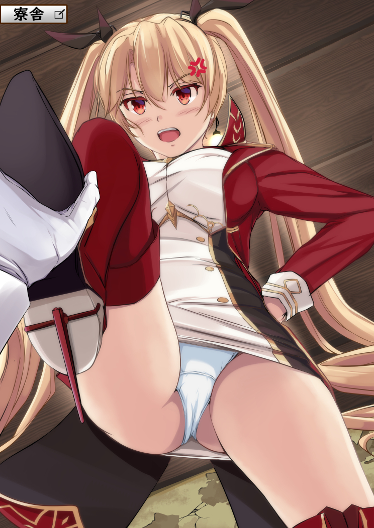 1girl, 1other, anger_vein, angry, azur_lane, blonde_hair, boots, commander_(azur_lane), commentary_request, dress, from_below, gloves, hair_ribbon, jacket, long_hair, long_sleeves, military, military_uniform, naval_uniform, nelson_(azur_lane), open_mouth, panties, pov, red_eyes, red_footwear, red_jacket, ribbon, rudder_footwear, short_dress, solo_focus, strapless, strapless_dress, takamaru_(akisora_drawing), taut_clothes, taut_dress, thigh_boots, thighhighs, tight_clothes, tight_dress, tube_dress, twintails, underwear, upskirt, very_long_hair, white_gloves, white_panties
