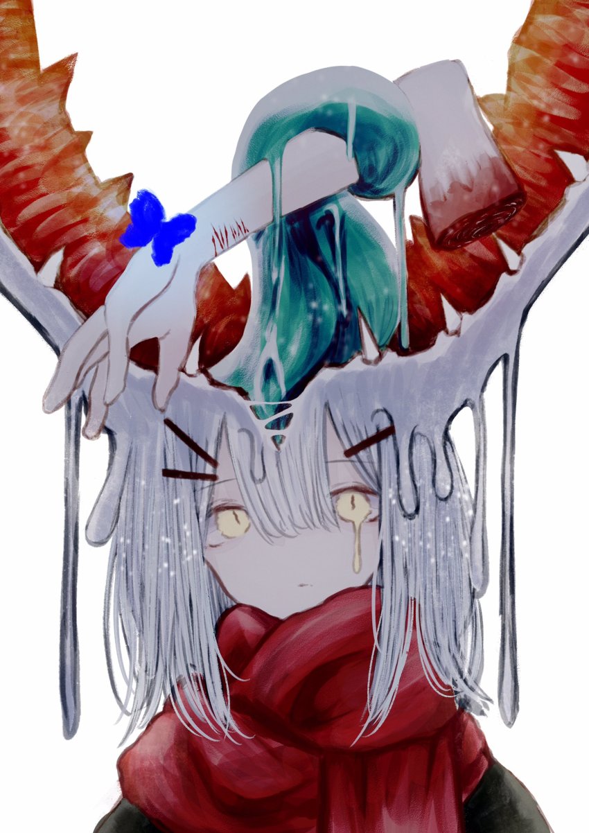 1girl, animal, aqua_tongue, bad_id, bad_twitter_id, blood, blue_butterfly, blue_pupils