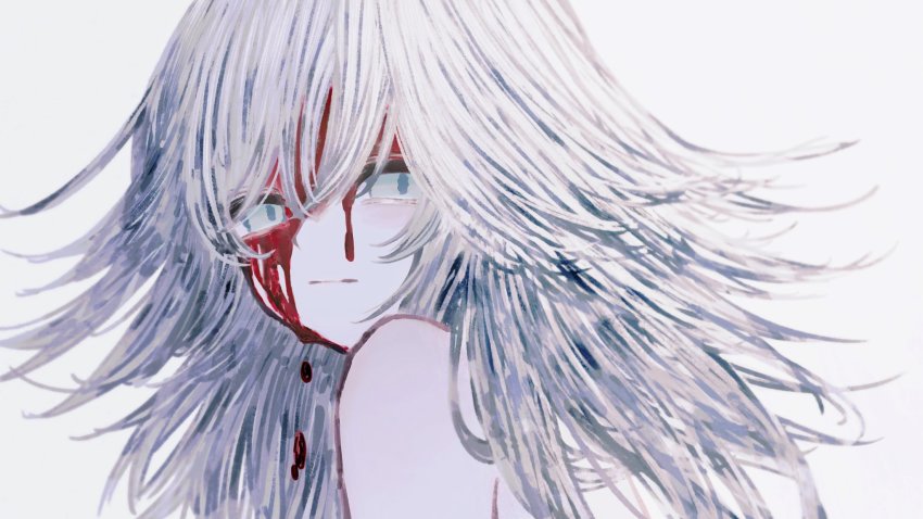 1girl, bad_id, bad_twitter_id, bleeding, blood, blue_eyes, blush, closed_mouth