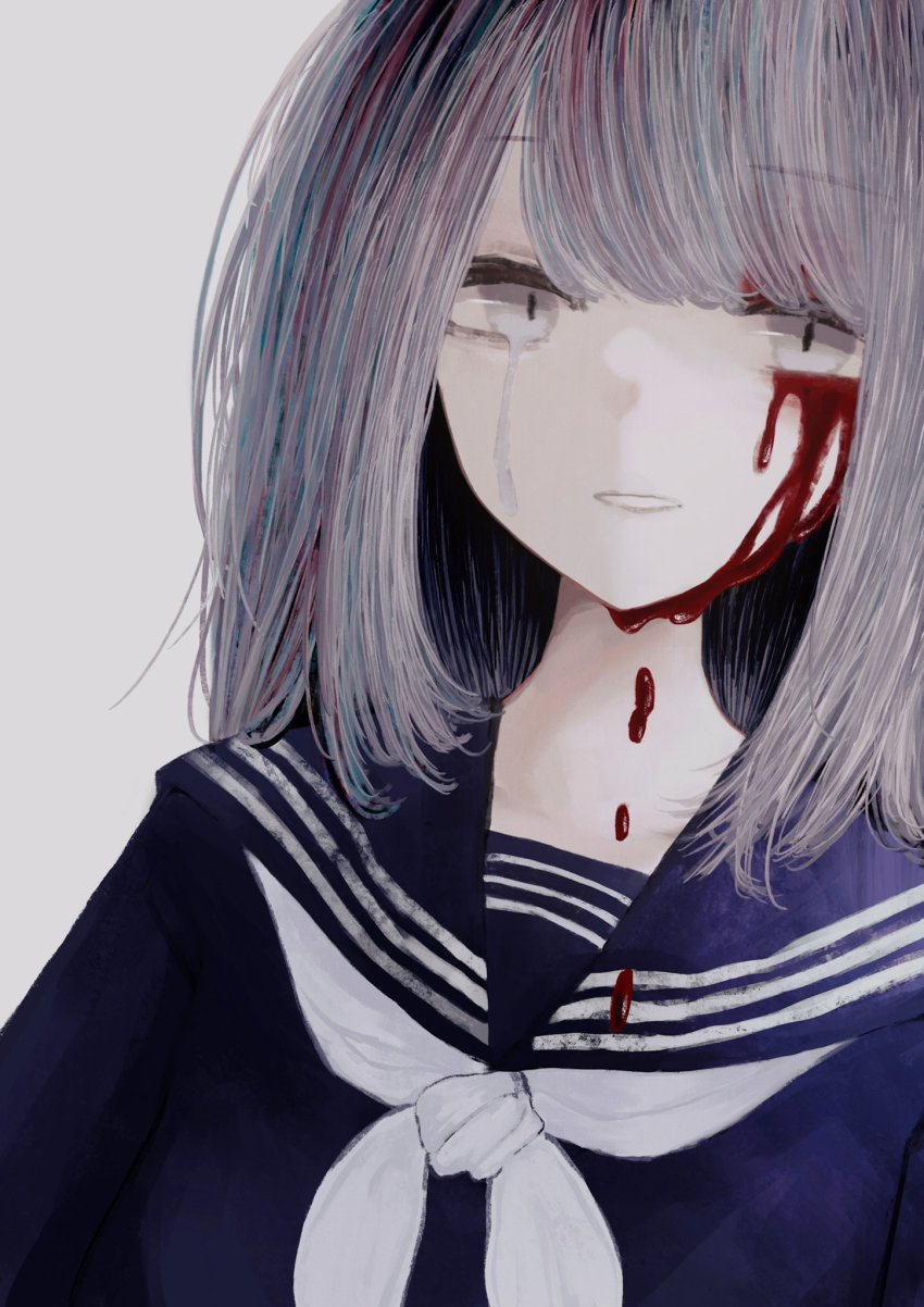 1girl, bad_id, bad_twitter_id, blood, bloody_tears, blue_hair, blue_unitard, crying