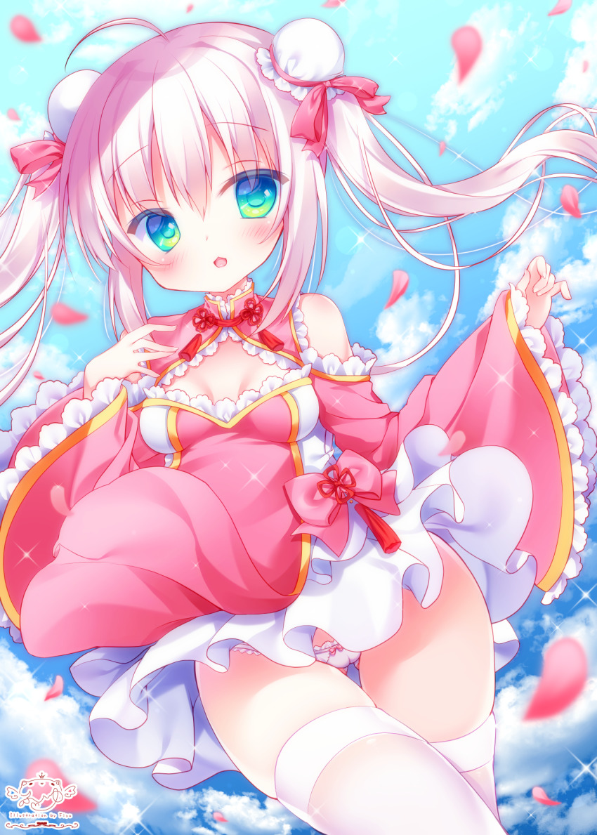 1girl, :d, bare_shoulders, blue_eyes, blue_sky, blush, bow, bow_panties