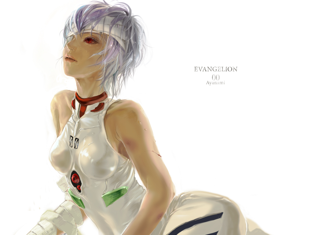 1girl, 8981, ayanami_rei, bad_id, bad_pixiv_id, bandage_over_one_eye, bandages, bare_shoulders