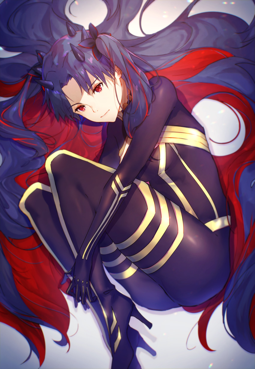 1girl, absurdres, black_hair, bodysuit, boots, breasts, closed_mouth, fate/grand_order, fate_(series), flower, hair_flower, hair_intakes, hair_ornament, high_heel_boots, high_heels, highres, horns, ishtar_(fate), knees_up, light_particles, long_hair, lying, medium_breasts, multicolored_hair, on_side, outstretched_arms, parted_bangs, red_eyes, red_hair, simple_background, skin_tight, solo, space_ishtar_(fate), space_ishtar_(first_ascension)_(fate), tohsaka_rin, tuze111, twintails, two-tone_hair, two_side_up, very_long_hair, white_background