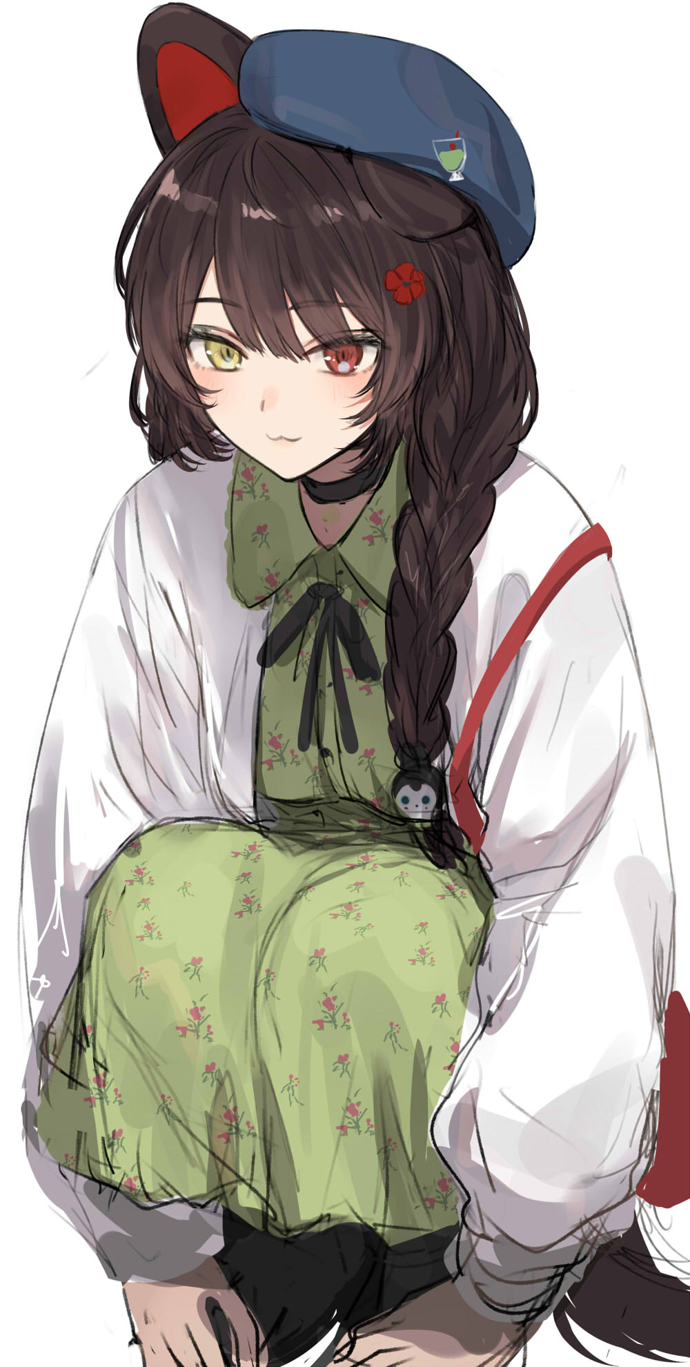 1girl, :3, animal_ears, asymmetrical_hair, beret, black_choker, black_footwear, black_ribbon