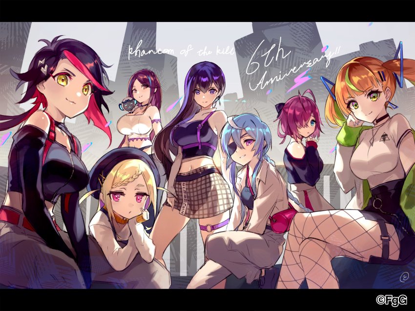 6+girls, absurdres, ahoge, anniversary, artist_request, bag, bare_shoulders, blonde_hair, blue_eyes, blue_hair, breasts, choker, command_killers_(phantom_of_the_kill), company_name, copyright_name, eyepatch, fishnet_legwear, fishnets, forcas, green_hair, hair_ornament, hair_over_one_eye, hairclip, hand_on_own_cheek, hand_on_own_face, handbag, highres, hyoha_(phantom_of_the_kill), ichaival_(phantom_of_the_kill), large_breasts, legband, logistille_(phantom_of_the_kill), long_hair, medium_breasts, medium_hair, midriff, monkey, multicolored_hair, multiple_girls, murgleys_(phantom_of_the_kill), nail_polish, navel, non-humanoid_robot, nyoi_kinko_bo_(phantom_of_the_kill), official_art, orange_hair, orpheus_(phantom_of_the_kill), phantom_of_the_kill, ponytail, purple_eyes, purple_hair, red_eyes, red_hair, robot, robot_animal, short_hair, sitting, small_breasts, smile, smirk, standing, twintails, two-tone_hair, yellow_eyes