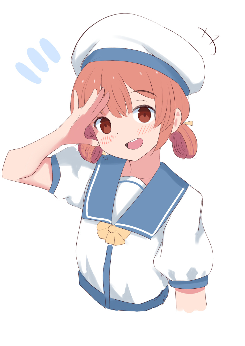 1girl, ^^^, absurdres, bad_id, bad_pixiv_id, blue_sailor_collar, bow, brown_eyes, brown_hair, commentary_request, cropped_torso, dress, hair_rings, hat, highres, jiyuucho, kaiboukan_no._4_(kancolle), kantai_collection, long_hair, low_twintails, open_mouth, round_teeth, sailor_collar, sailor_dress, sailor_hat, salute, simple_background, solo, teeth, twintails, upper_teeth_only, white_background, white_dress, white_hat, yellow_bow