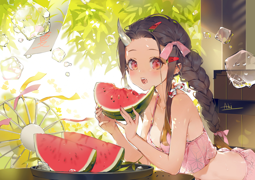 1girl, :o, akizero1510, arm_support, backlighting, bare_arms, bare_shoulders, bikini, blush, breasts, cleavage, commentary, day, electric_fan, fangs, food, forehead, fruit, hair_ornament, hair_ribbon, hairclip, holding, holding_food, holding_fruit, horns, ice, ice_cube, kamado_nezuko, kamado_nezuko_(demon), kimetsu_no_yaiba, leaning_forward, long_hair, looking_at_viewer, nail_polish, navel, open_mouth, pink_bikini, pink_ribbon, ponytail, red_eyes, red_nails, ribbon, sidelocks, signature, small_breasts, solo, sparkle, spoilers, sunlight, swimsuit, teeth, tray, upper_teeth_only, watermelon, watermelon_seeds