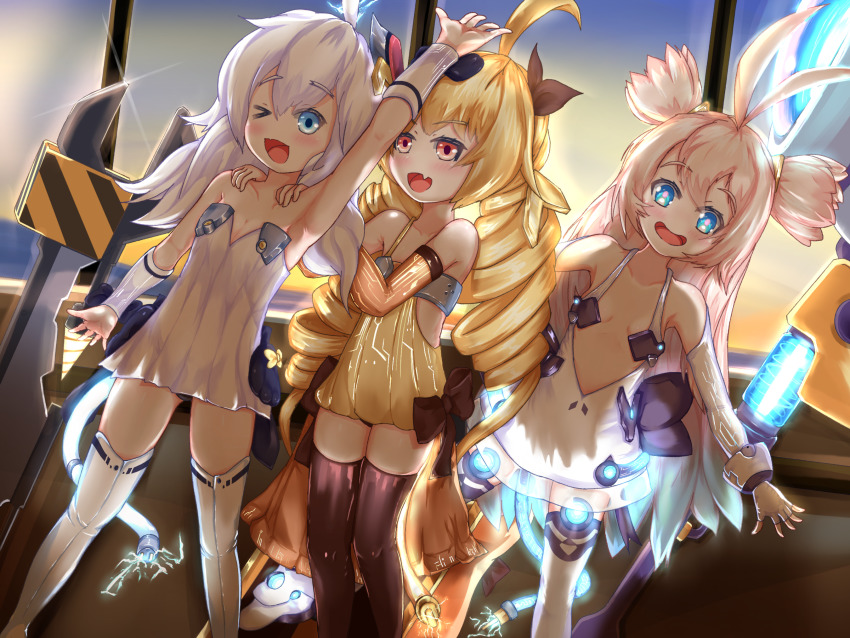 >_o, 3girls, adjustable_wrench, antenna_hair, azur_lane, bare_shoulders, blonde_hair, blue_eyes