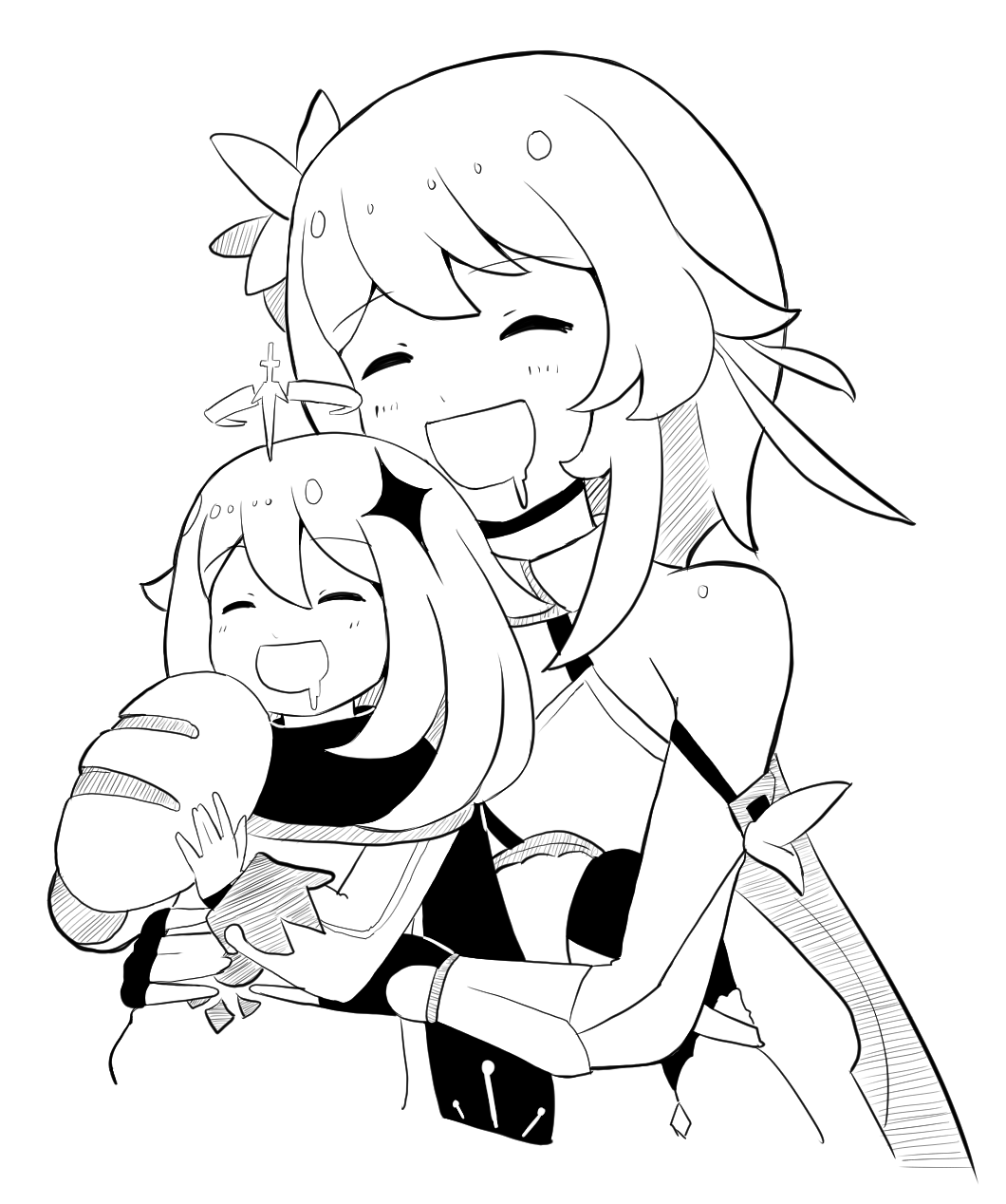 2girls, :d, alin_laphel, blue_eyes, bread, cape, dress, food