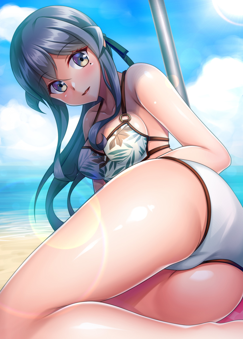 1girl, ass, bare_shoulders, beach, bikini, blue_eyes, blue_hair, blue_sky