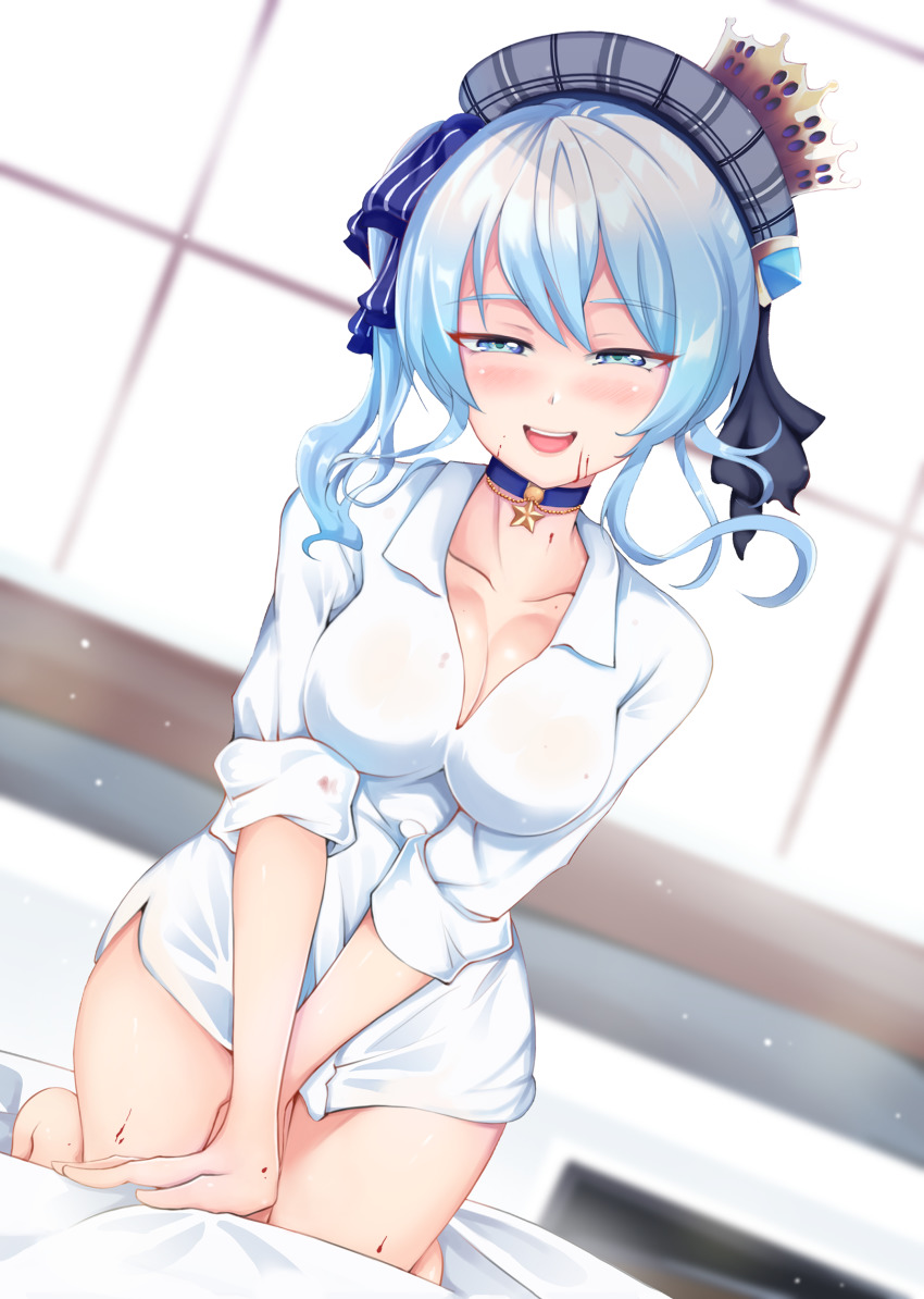 1girl, absurdres, alternate_breast_size, alternate_costume, aqua_eyes, arm_support, bed, bed_sheet
