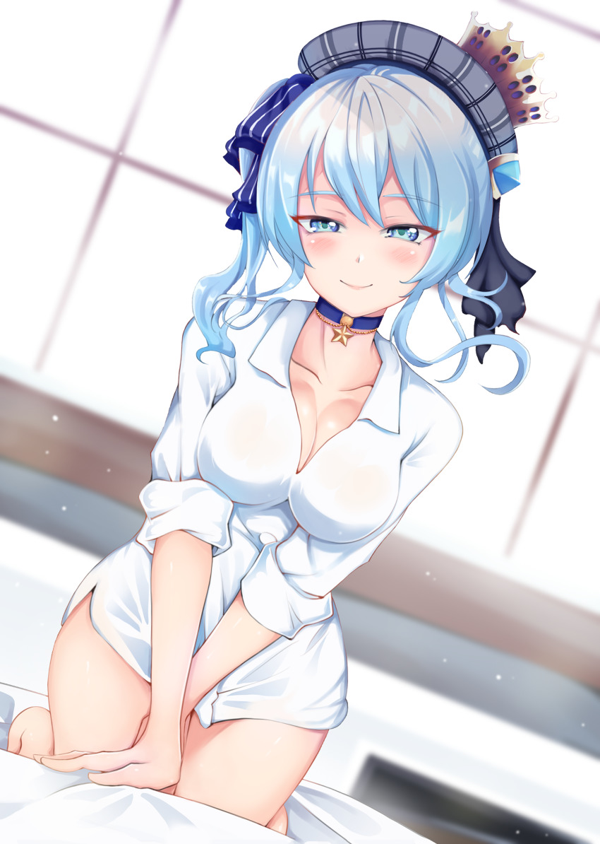1girl, absurdres, alternate_breast_size, alternate_costume, aqua_eyes, arm_support, bed, beret