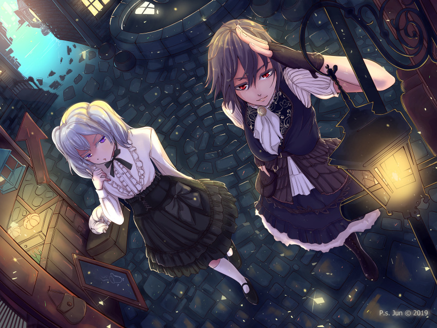 2019, 2girls, absurdres, artist_name, ascot, black_bow, black_skirt, boots