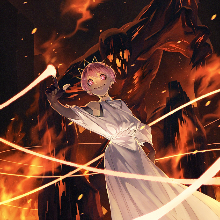 1girl, bare_shoulders, black_bodysuit, black_gloves, bodysuit, collared_dress, commentary_request, cowboy_shot, crown, dress, elbow_gloves, embers, en'en_no_shouboutai, evil_smile, fingerless_gloves, fire, gloves, grin, highres, huny, index_finger_raised, kasugatani_inca, looking_at_viewer, monster, pink_eyes, pink_hair, pointing, short_hair, smile, symbol-shaped_pupils, white_dress