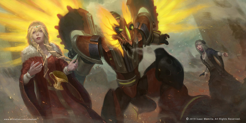 2girls, blonde_hair, borrelguard_dragon, braid, coat, commission, dragon, dress, duel_monster, dutch_angle, fur_trim, grey_hair, isolde_two_tales_of_the_noble_knights, joshua_raphael, lips, lipstick, long_hair, makeup, monster, multiple_girls, realistic, red_coat, red_dress, standing, twin_braids, watermark, yu-gi-oh!