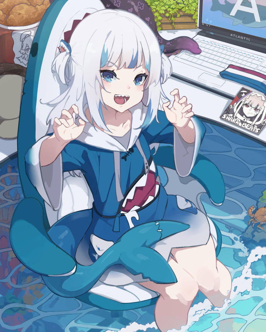1girl, :d, a_(phrase), blue_eyes, blue_hair, blue_hoodie, brown_hat, bucket, bucket_of_chicken, chair, chicken_(food), claw_pose, collarbone, computer, drawstring, fins, fish_tail, food, gaming_chair, gawr_gura, gawr_gura_(1st_costume), grey_hair, hair_ornament, hands_up, hat, highres, hololive, hololive_english, hood, hood_down, hoodie, kurokitsune_(float0108), laptop, long_sleeves, looking_at_viewer, mori_calliope, multicolored_hair, office_chair, open_mouth, shark_hair_ornament, shark_tail, sharp_teeth, sitting, smile, solo, streaked_hair, swivel_chair, tail, takanashi_kiara, teeth, tentacles, two_side_up, unworn_hat, unworn_headwear, v-shaped_eyebrows, virtual_youtuber, water, wide_sleeves