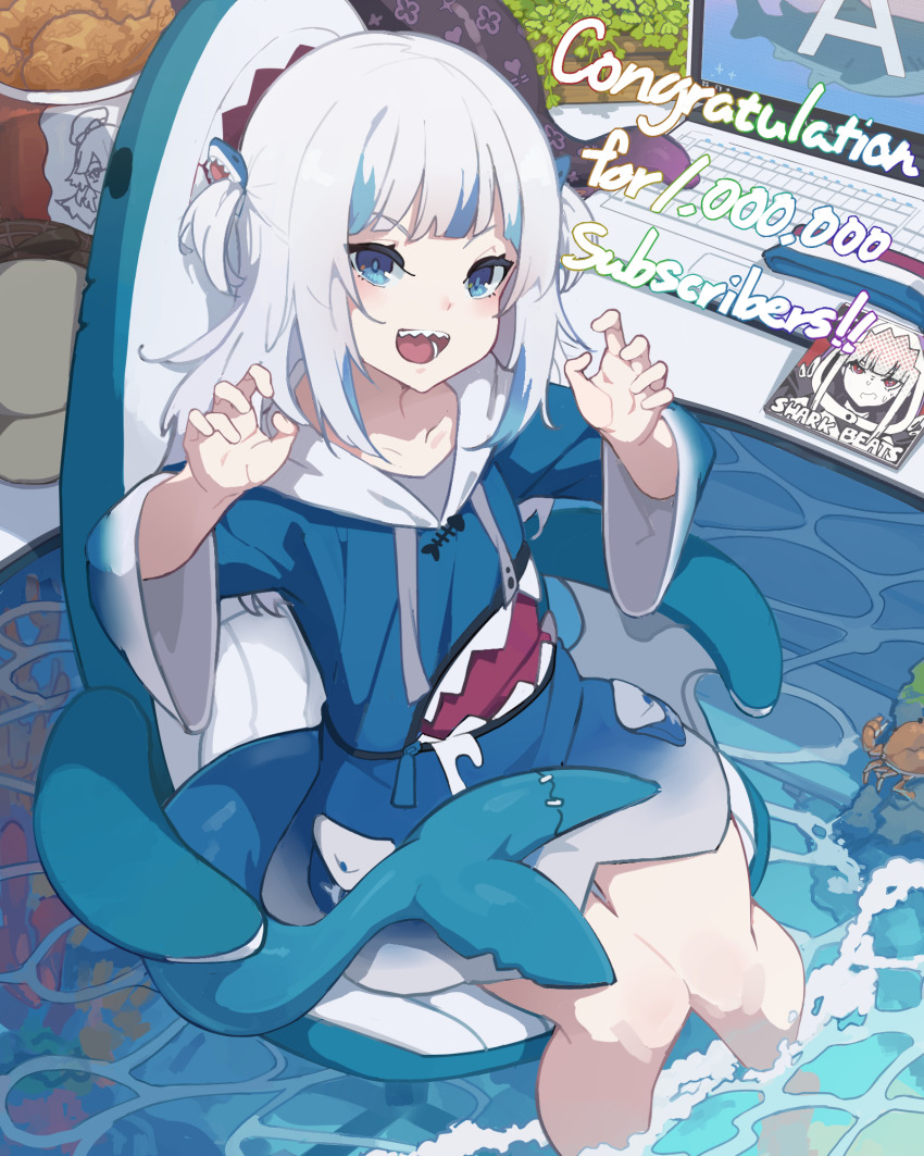 1girl, :d, a_(phrase), blue_eyes, blue_hair, blue_hoodie, brown_hat, bucket, bucket_of_chicken, chair, chicken_(food), claw_pose, collarbone, commentary_request, computer, congratulations, drawstring, fins, fish_tail, food, gaming_chair, gawr_gura, gawr_gura_(1st_costume), grey_hair, hair_ornament, hands_up, hat, highres, hololive, hololive_english, hood, hood_down, hoodie, kurokitsune_(float0108), laptop, long_sleeves, looking_at_viewer, milestone_celebration, mori_calliope, multicolored_hair, office_chair, open_mouth, shark_hair_ornament, shark_tail, sharp_teeth, sitting, smile, solo, streaked_hair, swivel_chair, tail, takanashi_kiara, teeth, tentacles, two_side_up, unworn_hat, unworn_headwear, v-shaped_eyebrows, virtual_youtuber, water, wide_sleeves