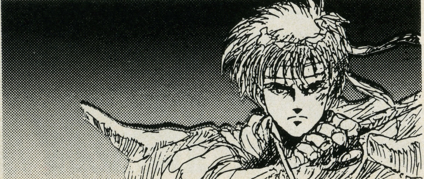 1990s_(style), gloves, headband, highres, katana, kato_masato, monochrome, ninja