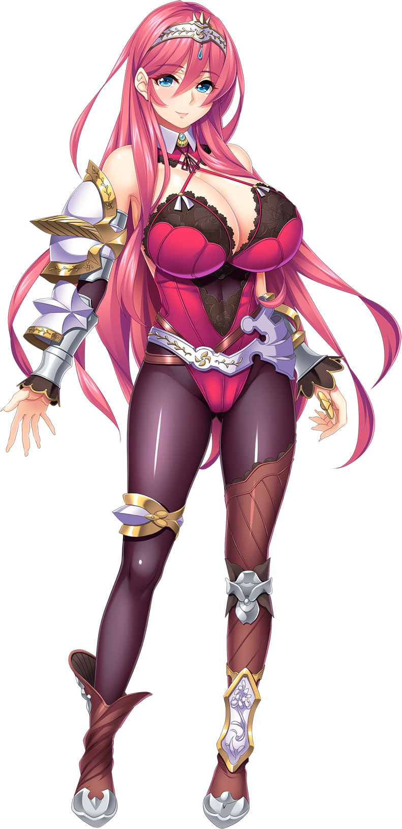 1girl, armor, asymmetrical_footwear, black_pantyhose, blue_eyes, boots, breasts, cleavage