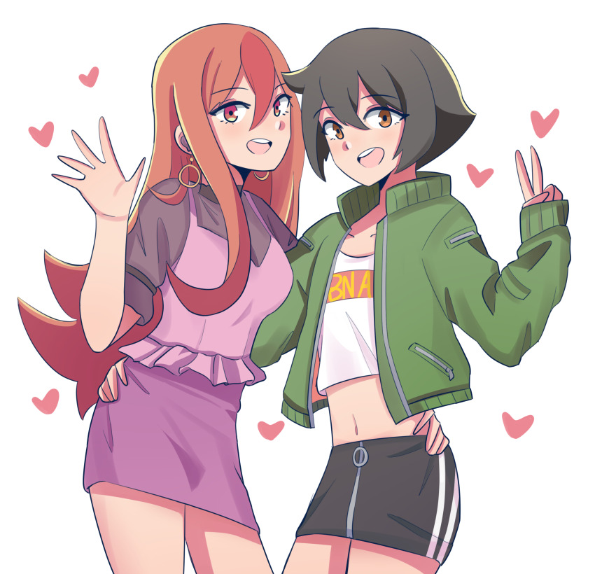 2girls, absurdres, brand_new_animal, brown_eyes, brown_hair, dress, earrings, heart