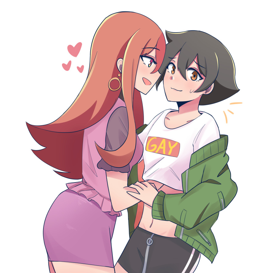 2girls, absurdres, blush, brand_new_animal, brown_eyes, brown_hair, dress, earrings