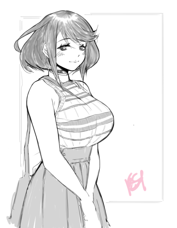 1girl, alternate_costume, bare_arms, bare_shoulders, blush, breasts, casual, contemporary