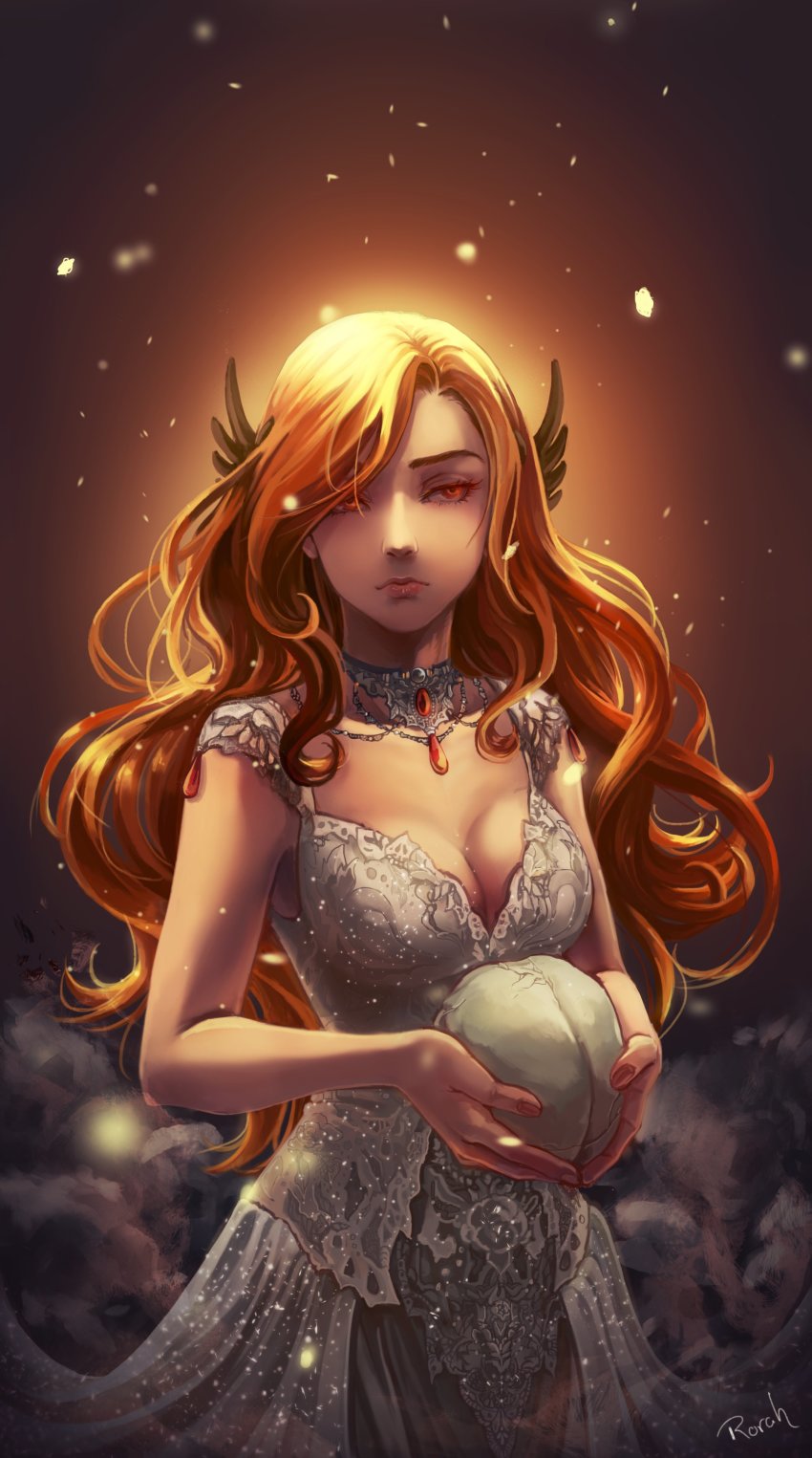 1girl, absurdres, breasts, cleavage, dress, highres, holding, holding_skull