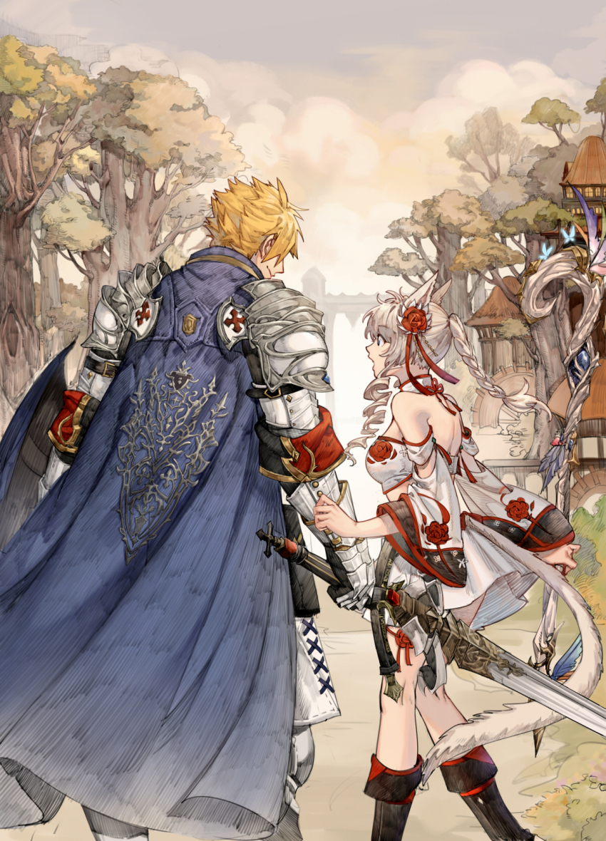 1boy, 1girl, animal_ears, armor, bare_shoulders, black_footwear, blonde_hair, blue_cape, blue_eyes, boots, braid, breasts, cape, cat_girl, closed_mouth, cloud, cloudy_sky, collar, day, drill_hair, drill_sidelocks, fictional_persona, final_fantasy, final_fantasy_xiv, flower, flower_ornament, from_behind, gauntlets, gloves, height_difference, highres, holding, holding_staff, holding_sword, holding_weapon, hyur, looking_at_another, looking_down, miqo'te, off_shoulder, open_mouth, outdoors, paladin_(final_fantasy), red_flower, ricemune723623, rose, shoulder_armor, sidelocks, single_braid, sky, smile, staff, sword, talking, tree, walking, warrior_of_light_(ff14), weapon, white_hair, white_mage_(final_fantasy), wide_sleeves