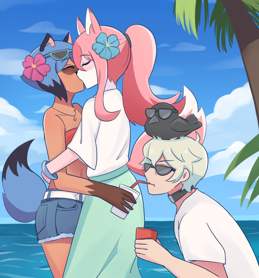1boy, 2girls, absurdres, animal_ears, bird, blue_hair, body_fur, brand_new_animal, cloud, collar, crow, cup, day, disposable_cup, dress, drinking, drinking_straw, closed_eyes, flower, fox_ears, fox_girl, fox_tail, furry, furry_female, furry_with_furry, furry_with_non-furry, hair_flower, hair_ornament, highres, hiwatashi_nazuna, hug, interspecies, jewelry, kagemori_michiru, kiss, kuro_(bna), long_hair, meme, midriff, multiple_girls, navel, necklace, ocean, ogami_shirou, otp_and_the_third_wheel_best_friend_(meme), outdoors, palm_tree, pink_hair, ponytail, poptrt, raccoon_ears, raccoon_girl, raccoon_tail, shirt, short_hair, shorts, sky, sunglasses, tail, tank_top, tree, white_hair, yuri