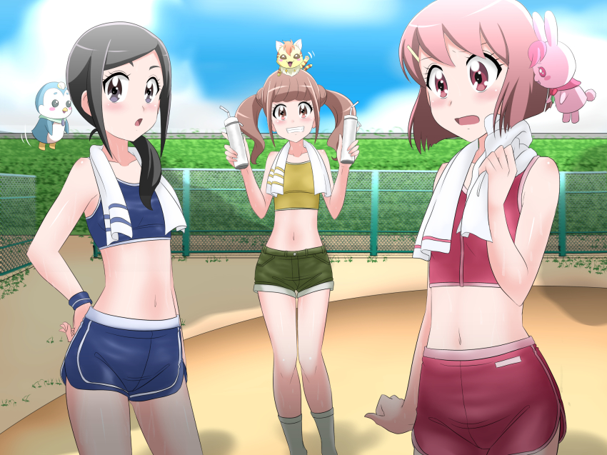 3girls, black_eyes, black_hair, blue_shorts, brown_eyes, brown_hair, collarbone, crop_top