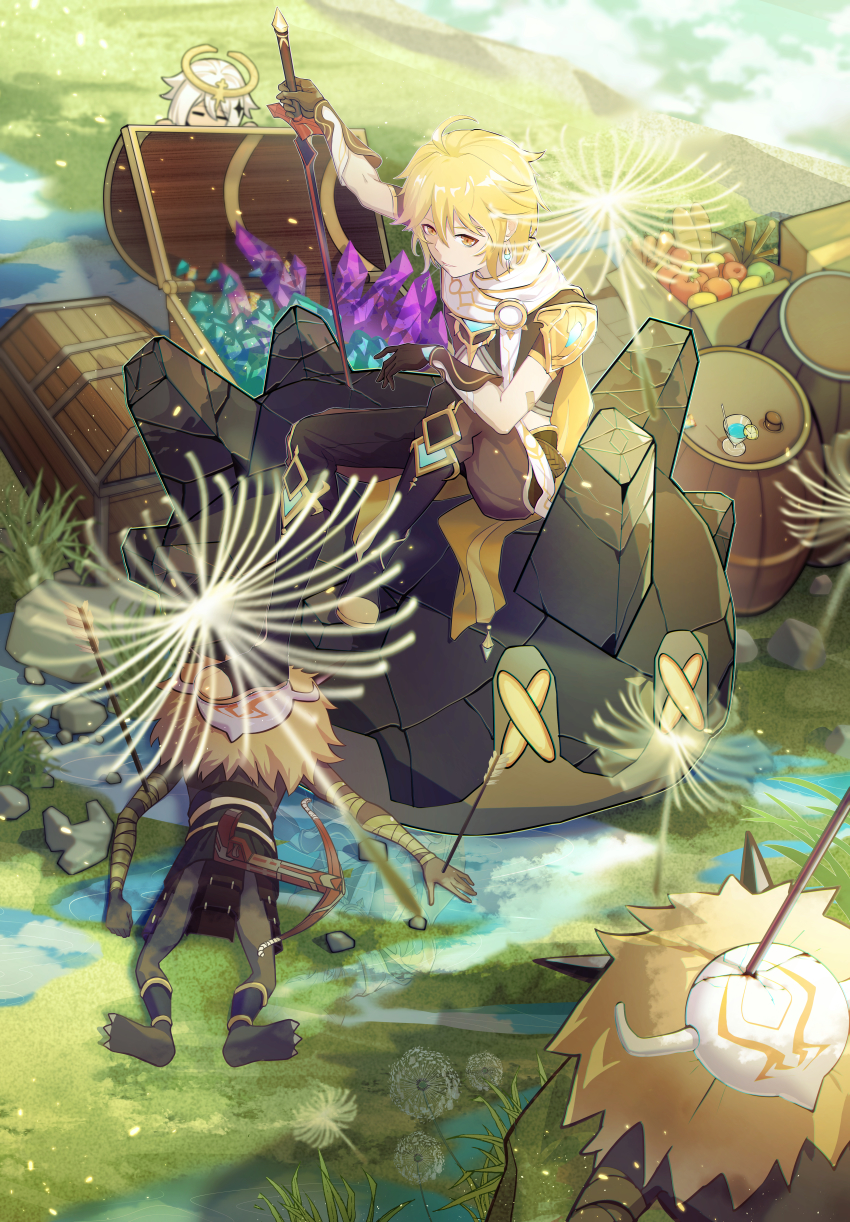 1boy, 1girl, absurdres, aether_(genshin_impact), arrow_(projectile), baguette, barrel, blonde_hair