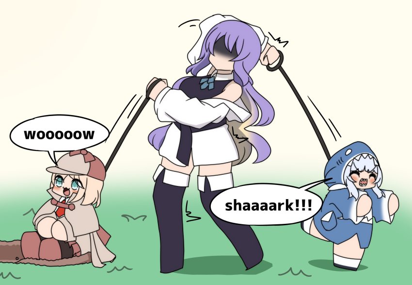 3girls, animal_costume, animal_hood, aqua_eyes, bad_id, bad_twitter_id, blonde_hair, blue_hoodie, blunt_bangs, bokota_(bokobokota), bound, breasts, brown_capelet, capelet, chibi, detective, english_text, eyes_in_shadow, fins, fish_tail, gawr_gura, gawr_gura_(1st_costume), gradient_hair, highres, holding, holding_leash, hololive, hololive_english, hololive_indonesia, hood, hoodie, leash, leash_pull, long_sleeves, medium_hair, meme, moona_hoshinova, multicolored_hair, multiple_girls, off-shoulder_jacket, off_shoulder, purple_hair, shaded_face, shark_costume, shark_hood, shark_tail, sharp_teeth, silver_hair, sleeves_past_wrists, tail, teeth, two-tone_hair, virtual_youtuber, watson_amelia, white_footwear, wide_sleeves