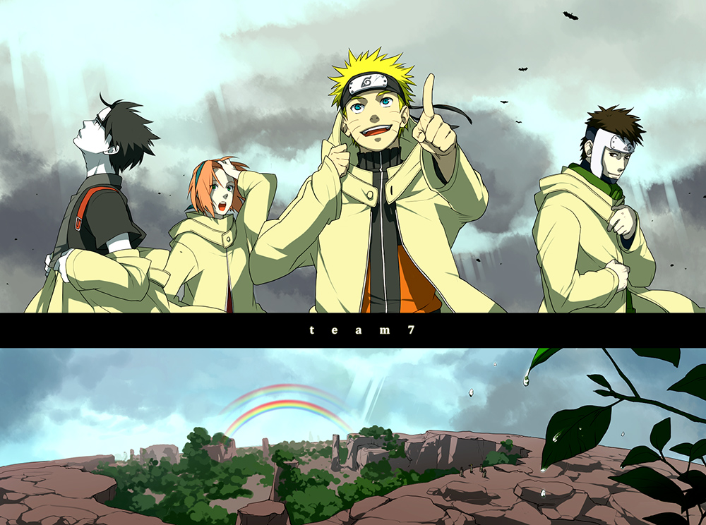 1girl, 3boys, black_hair, blonde_hair, blue_eyes, brown_eyes, brown_hair, cloud, coat, double_rainbow, forehead_protector, hairband, haruno_sakura, headband, hood, i_(kaiyou), konohagakure_symbol, multiple_boys, naruto_(classic), naruto_(series), naruto_shippuuden, nature, open_mouth, pink_hair, pointing, rainbow, sai_(naruto), scenery, short_hair, sky, smile, uzumaki_naruto, yamato_(naruto)