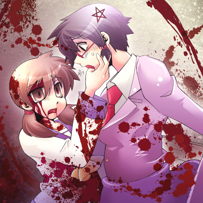 2girls, black_hair, blood, blood_from_mouth, blood_on_face, blood_splatter, blood_on_clothes, bloody_tears