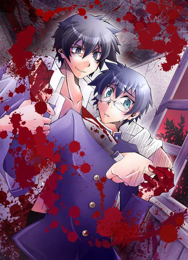 2boys, black_eyes, black_hair, blood, blood_on_hands, bloody_weapon, blue_eyes, blue_hair