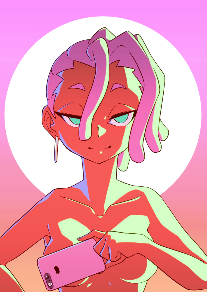 1girl, brand_new_animal, breasts, cellphone, convenient_censoring, covering_breasts, covering_privates, dark-skinned_female