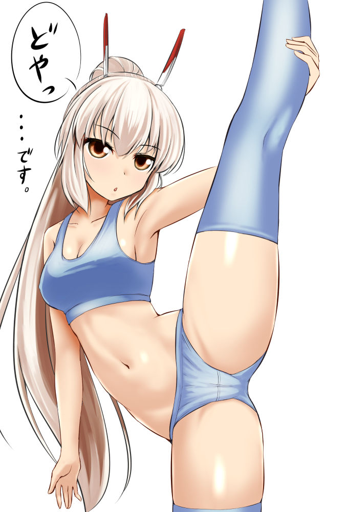 1girl, alternate_costume, armpits, ayanami_(azur_lane), ayanami_(retrofit)_(azur_lane), azur_lane, bikini, blue_bikini, blue_thighhighs, breasts, cleavage, collarbone, commentary_request, hair_ornament, hairclip, hajime_(wkpz8247), head_tilt, headgear, hugging_own_legs, leg_up, long_hair, looking_at_viewer, medium_breasts, midriff, navel, orange_eyes, parted_lips, ponytail, silver_hair, simple_background, skindentation, solo, split, sports_bikini, sports_bra, standing, standing_on_one_leg, standing_split, swimsuit, thighhighs, thighs, translated, white_background