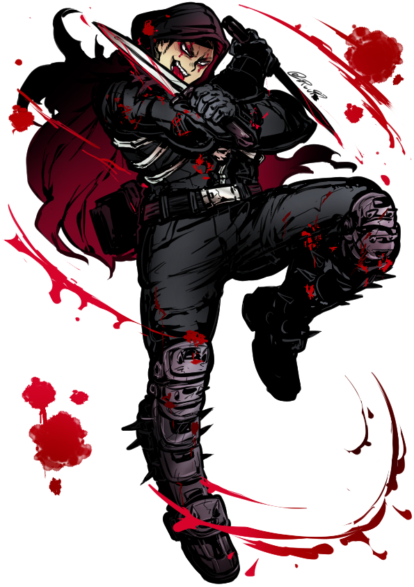 1boy, black_hair, black_hoodie, black_pants, blood, blood_splatter, bloody_weapon, climaxmukr