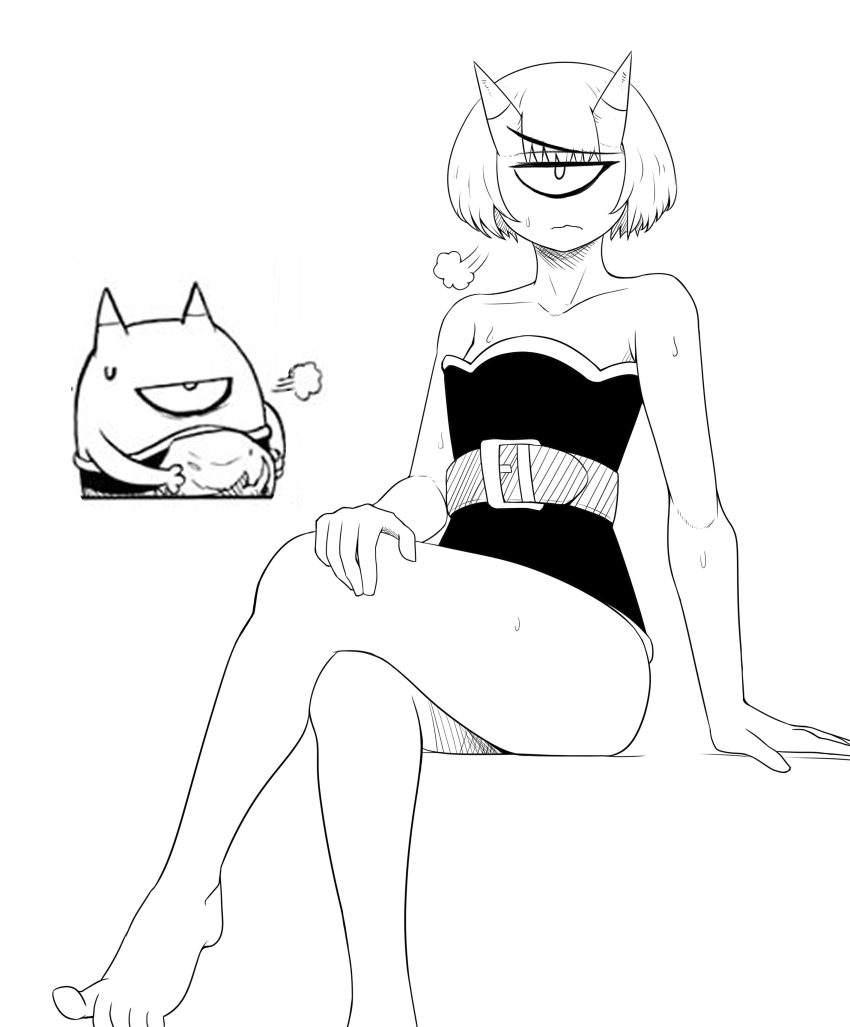 1girl, absurdres, belt, crossed_legs, cyclops, drawfag, dress, feet