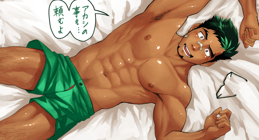 1boy, abs, arm_up, armpit_hair, armpits, bara, bed_sheet, black_hair
