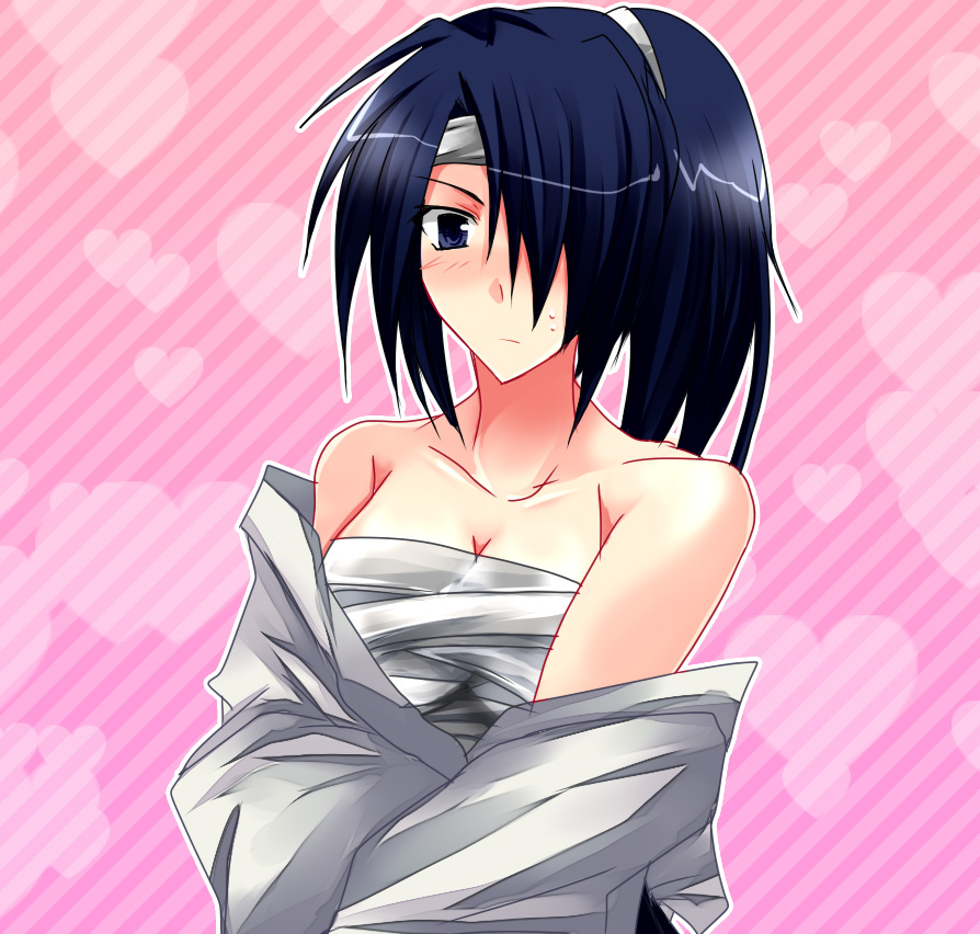 1girl, bakumatsu_rouman, bandages, blue_eyes, blue_hair, blush, female_focus, hair_over_one_eye, mahi, matching_hair/eyes, ponytail, sanada_kaori, sanada_kojiro, sanada_kojirou, sarashi, snk, solo