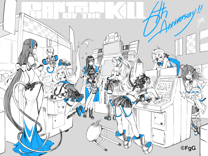 6+girls, absurdly_long_hair, absurdres, ahoge, anniversary, arcade, arcade_cabinet, artist_request, bare_back, bare_shoulders, blush, bound, bow, command_killers_(phantom_of_the_kill), company_name, copyright_name, crane_game, eyepatch, fighting_game, flying_sweatdrops, forcas, greyscale, guitar, hair_bow, highres, hyoha_(phantom_of_the_kill), ichaival_(phantom_of_the_kill), instrument, k.o., logistille_(phantom_of_the_kill), long_hair, low-tied_long_hair, mechanical_tail, medium_hair, midriff, miniskirt, monkey, monkey_tail, monochrome, multiple_girls, murgleys_(phantom_of_the_kill), non-humanoid_robot, nyoi_kinko_bo_(phantom_of_the_kill), official_art, orpheus_(phantom_of_the_kill), phantom_of_the_kill, platform_footwear, robot, robot_animal, scarf, skirt, smirk, stool, sweatdrop, sweater, tail, tears, tied_up_(nonsexual), very_long_hair