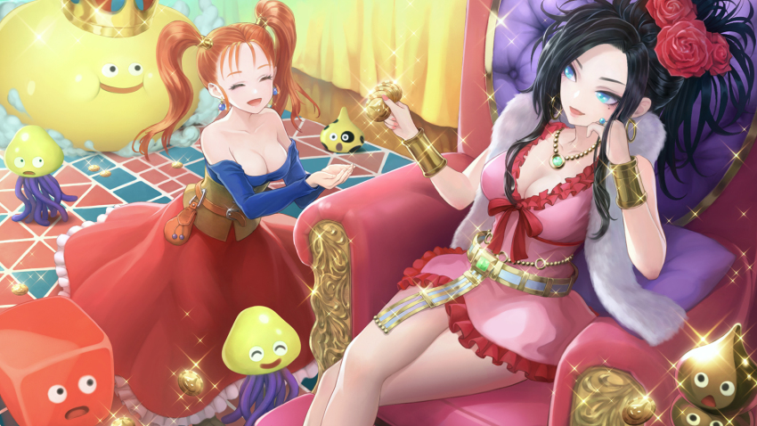 2girls, black_hair, blouse, blue_eyes, blue_shirt, bracer, breasts, cleavage, closed_eyes, coin, cupping_hands, deborah_(dq5), dragon_quest, dragon_quest_v, dragon_quest_viii, gold_coin, hair_intakes, highres, jessica_albert, medislime, mottle_slime, multiple_girls, on_throne, own_hands_together, ponytail, red_hair, shirt, slime_(dragon_quest), square_enix, throne, twintails