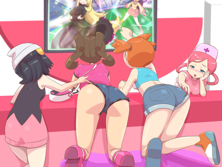 6+girls, ass, bag, black_hair, blonde_hair, blue_eyes, blush, brown_hair, crop_top, cynthia_(pokemon), dawn_(pokemon), from_behind, hat, highres, iris_(pokemon), joy_(pokemon), kneeling, legs, lifting_another's_clothes, long_hair, microsd_(pibo), midriff, misty_(pokemon), multiple_girls, nintendo, nurse, nurse_cap, orange_hair, pink_hair, pink_shirt, pokemon, pokemon_black_and_white, pokemon_diamond/pearl/platinum, pokemon:_let's_go_pikachu!_and_let's_go_eevee!, pokemon_x_and_y, shauna_(pokemon), shiny_skin, shirt, shoes, short_hair, short_shorts, short_sleeves, shorts, shorts_lift, shoulder_bag, skirt, sleeveless, sleeveless_shirt, thigh_gap, thighs