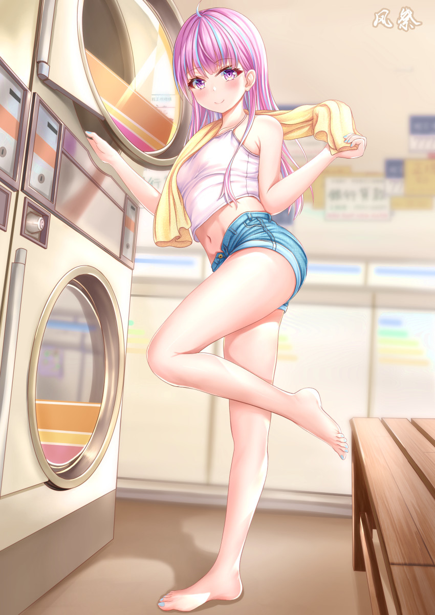 1girl, absurdres, aqua_hair, bare_legs, barefoot, blue_hair, breasts, cleavage