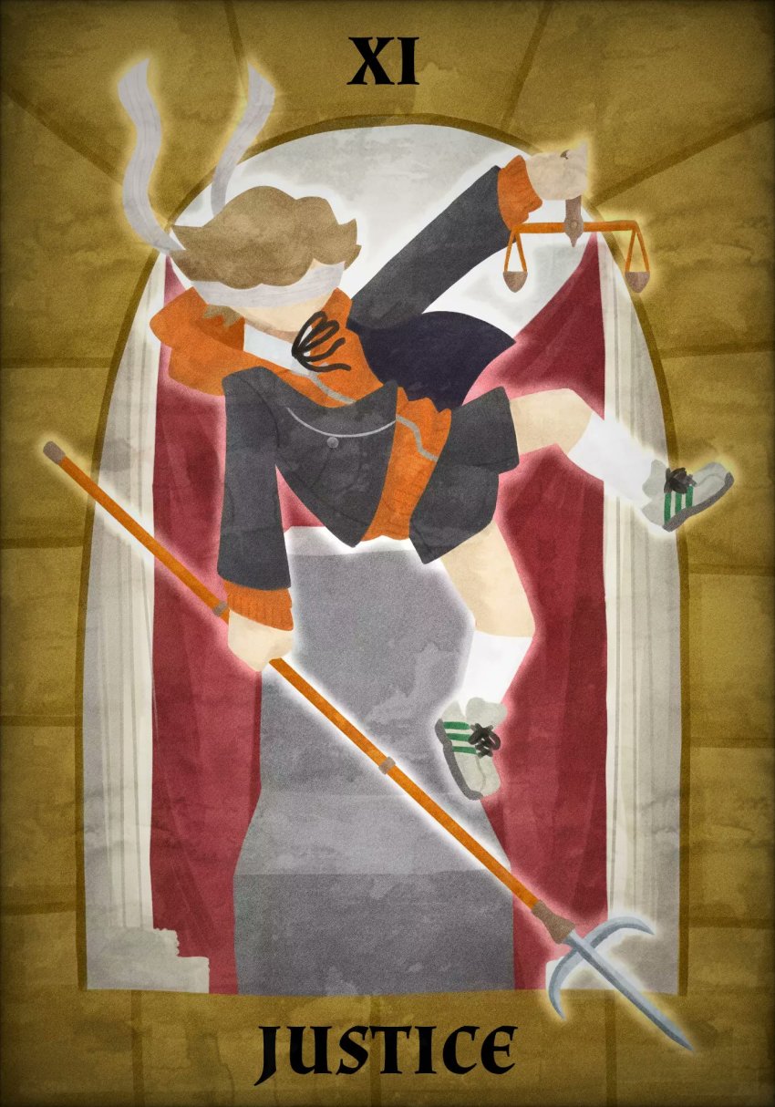 amada_ken, blindfold, brown_hair, card_(medium), highres, holding, holding_weapon, hood, hoodie, jacket, justice_(tarot), panflakez, persona, persona_3, polearm, roman_numeral, spear, tarot, tarot_(medium), weapon, weighing_scale